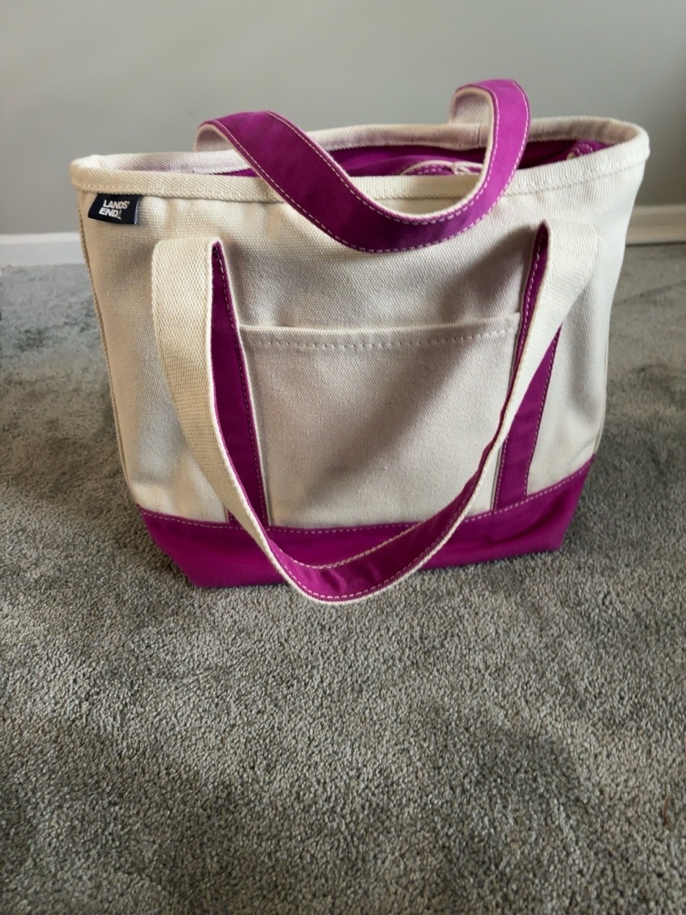 Lands’ End Canvas Tote Bag Natural Purple Zip Top Heavy Duty Shopper Beach